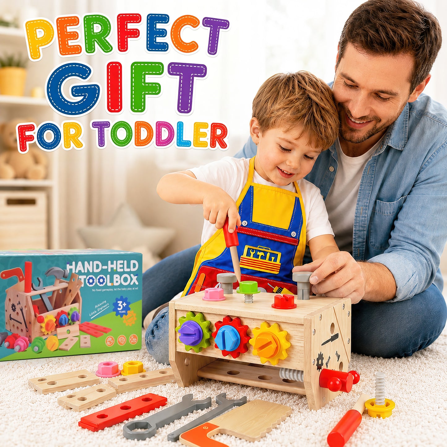 QIAHO Kids Tool Set, 34 Pcs Wooden Toddler Tool Box & Workbench with Apron, STEM Montessori Pretend Play Construction Toys for Boys Girls Ages 3-8