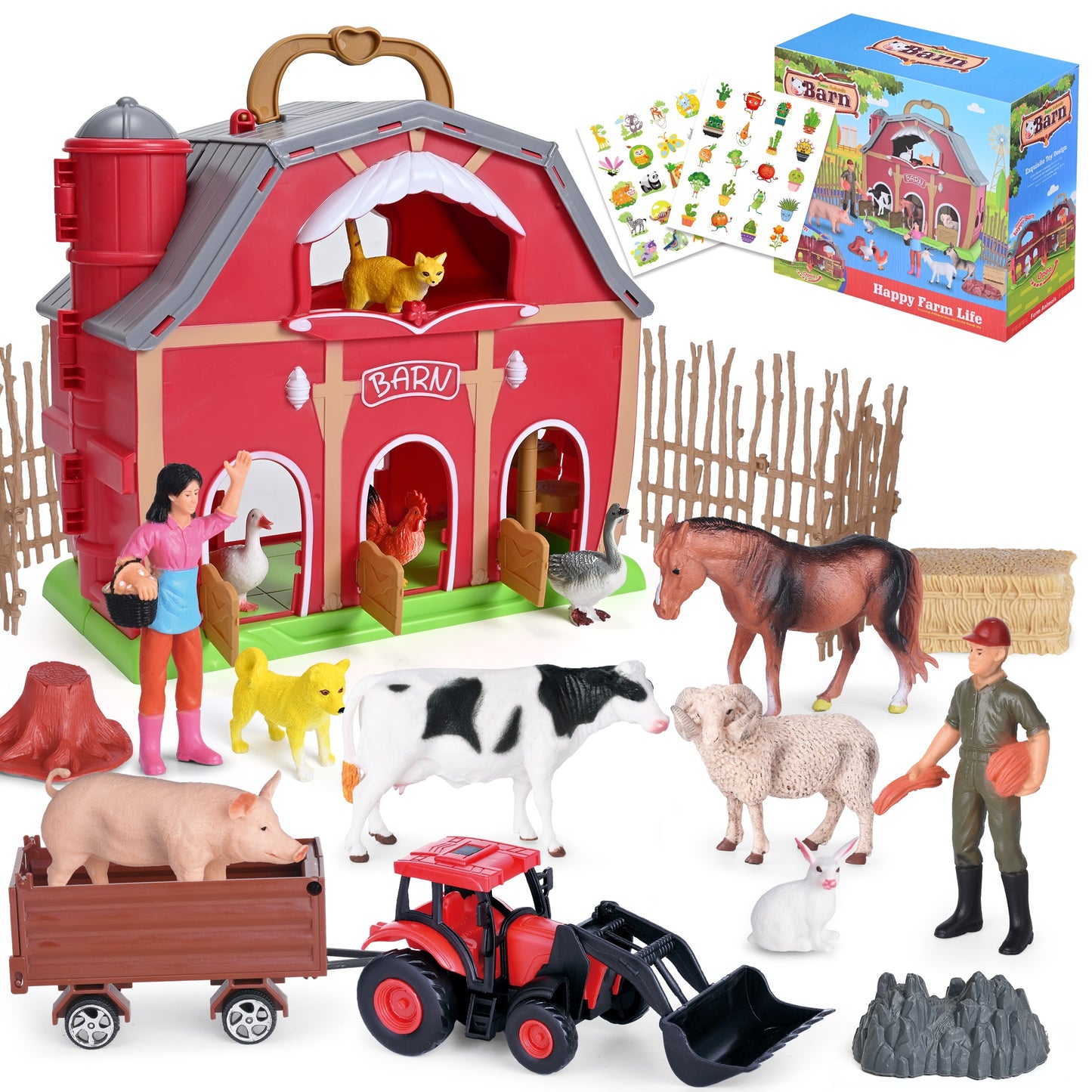 QIAHO Big Red Barn Farm Animals Playset for Toddlers with Animal Figurines and Tractor Toy Montessori Learning Toys for Kids with 2 Stickers
