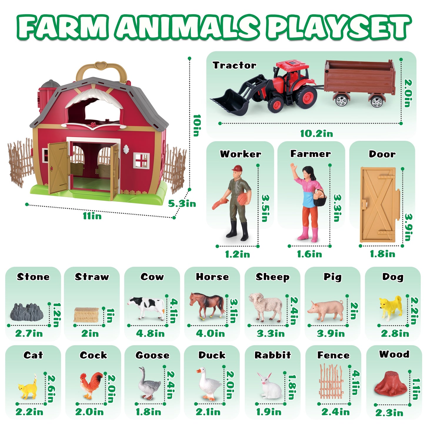 QIAHO Big Red Barn Farm Animals Playset for Toddlers with Animal Figurines and Tractor Toy Montessori Learning Toys for Kids with 2 Stickers