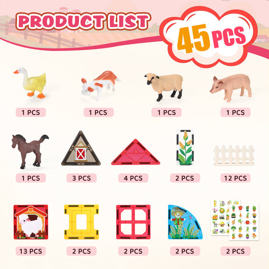 Magnetic Tiles Farm Animals Montessori Toys Garden Set Magnetiles Building Blocks STEM Preschool Toddler Toys for Boys Girls