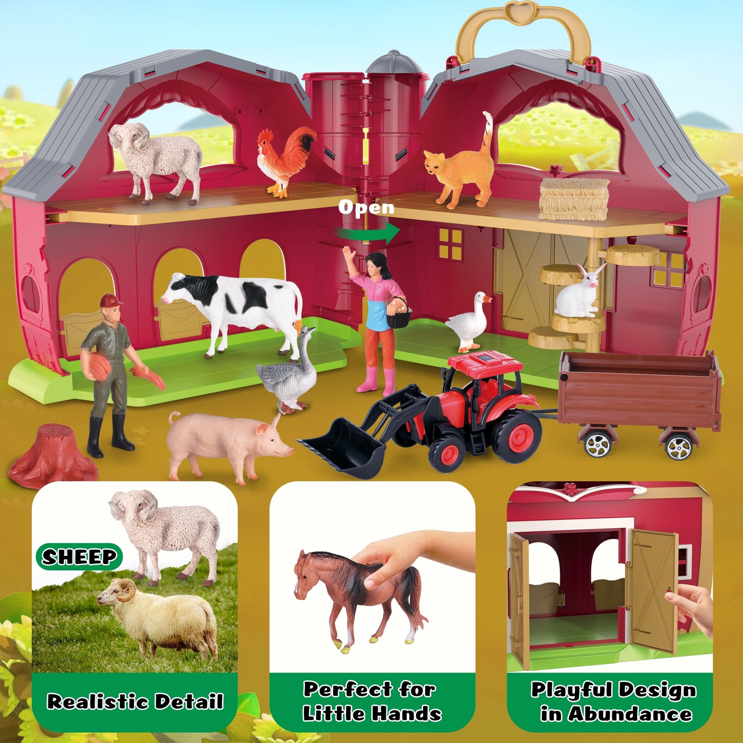 QIAHO Big Red Barn Farm Animals Playset for Toddlers with Animal Figurines and Tractor Toy Montessori Learning Toys for Kids with 2 Stickers