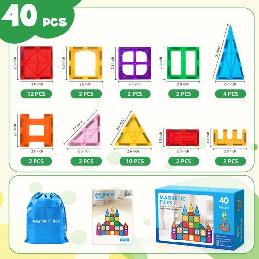 QIAHO 40pcs Magnetic Tiles Set - Educational 3D Magnet Building Blocks - Building Construction Toys for Kids