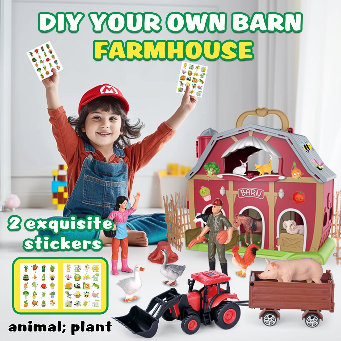 QIAHO Big Red Barn Farm Animals Playset for Toddlers with Animal Figurines and Tractor Toy Montessori Learning Toys for Kids with 2 Stickers