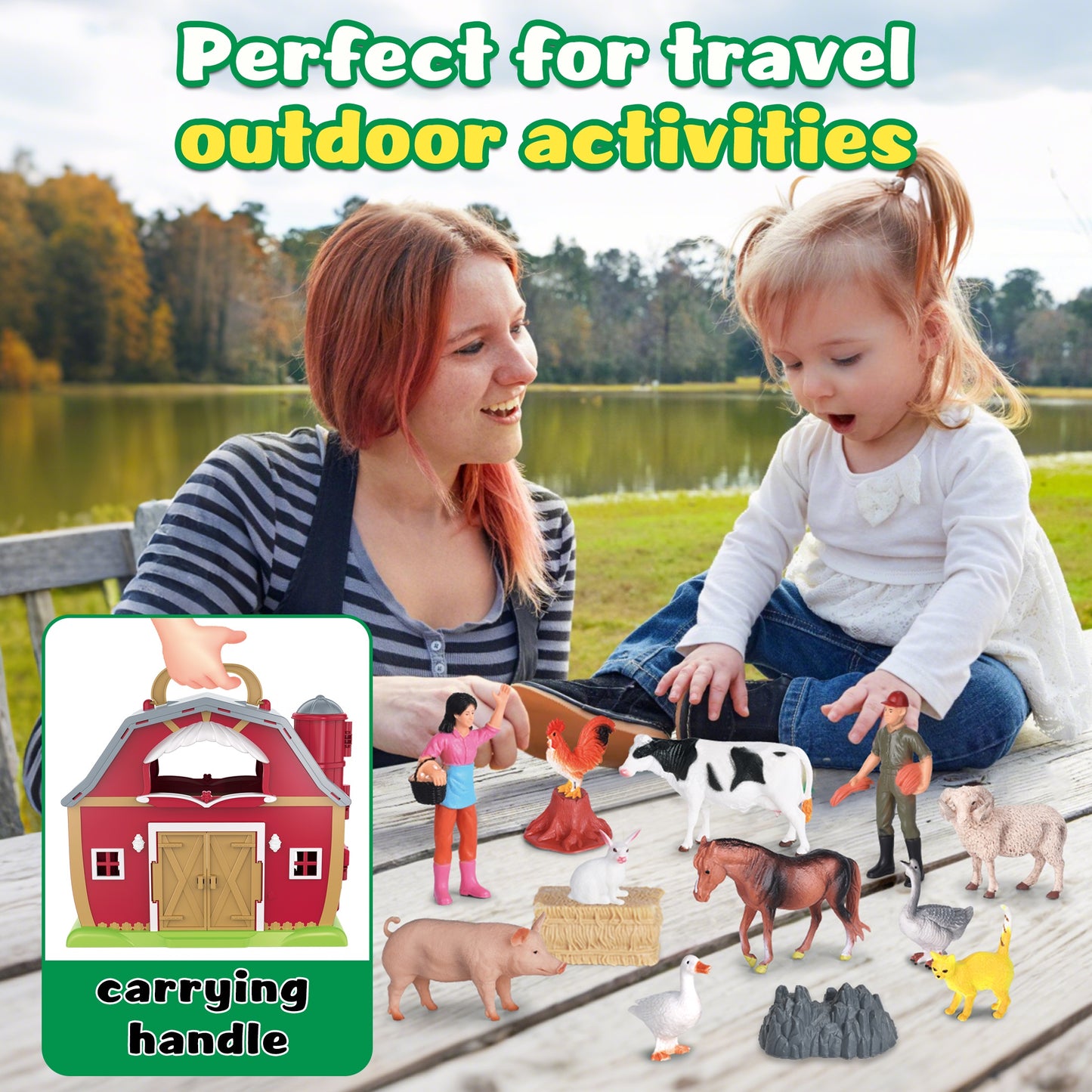 QIAHO Big Red Barn Farm Animals Playset for Toddlers with Animal Figurines and Tractor Toy Montessori Learning Toys for Kids with 2 Stickers