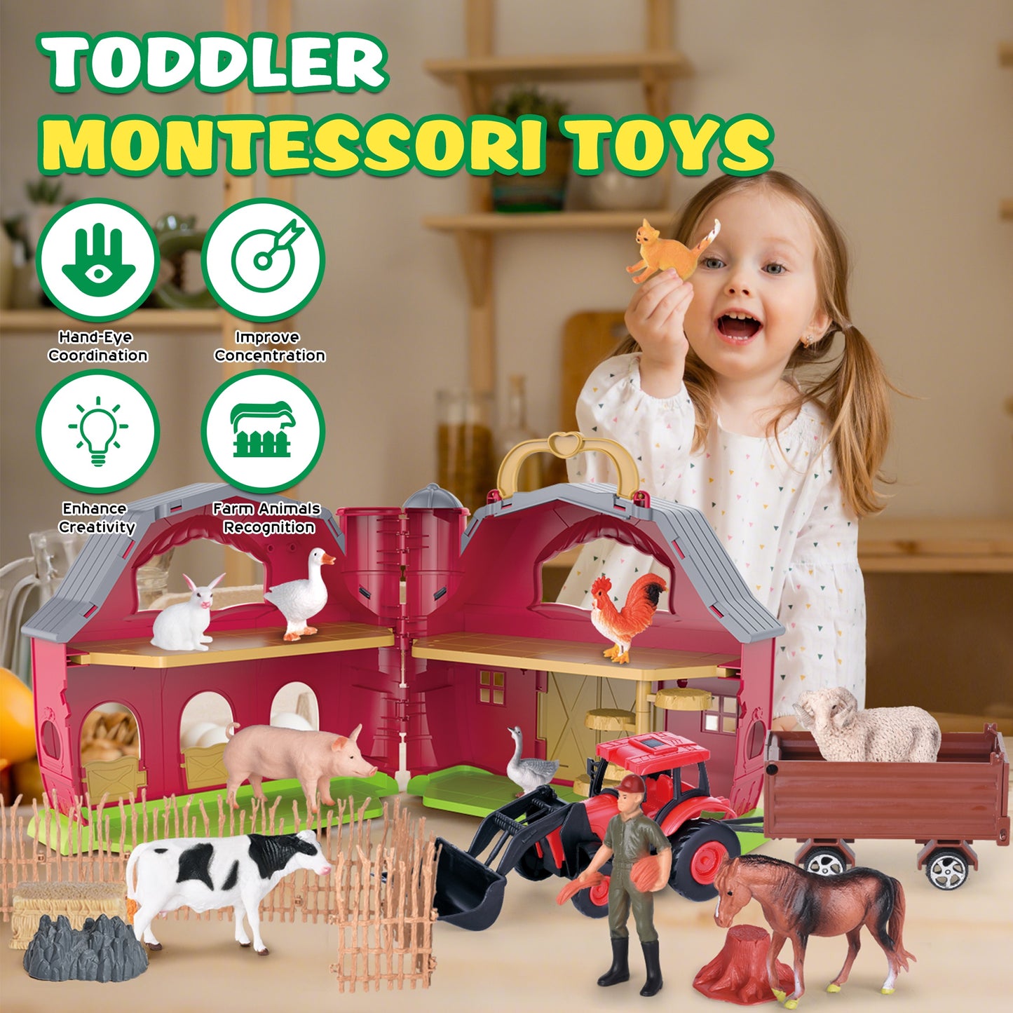 QIAHO Big Red Barn Farm Animals Playset for Toddlers with Animal Figurines and Tractor Toy Montessori Learning Toys for Kids with 2 Stickers