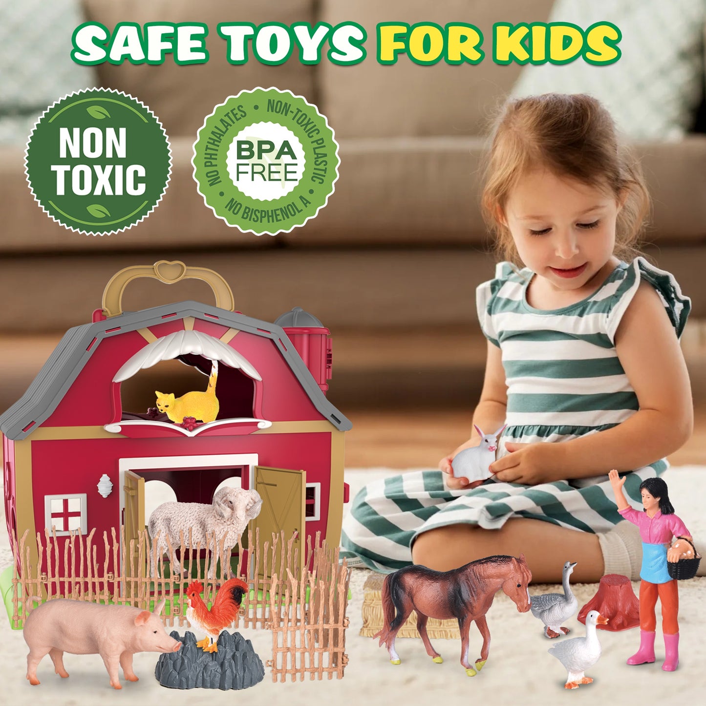 QIAHO Big Red Barn Farm Animals Playset for Toddlers with Animal Figurines and Tractor Toy Montessori Learning Toys for Kids with 2 Stickers