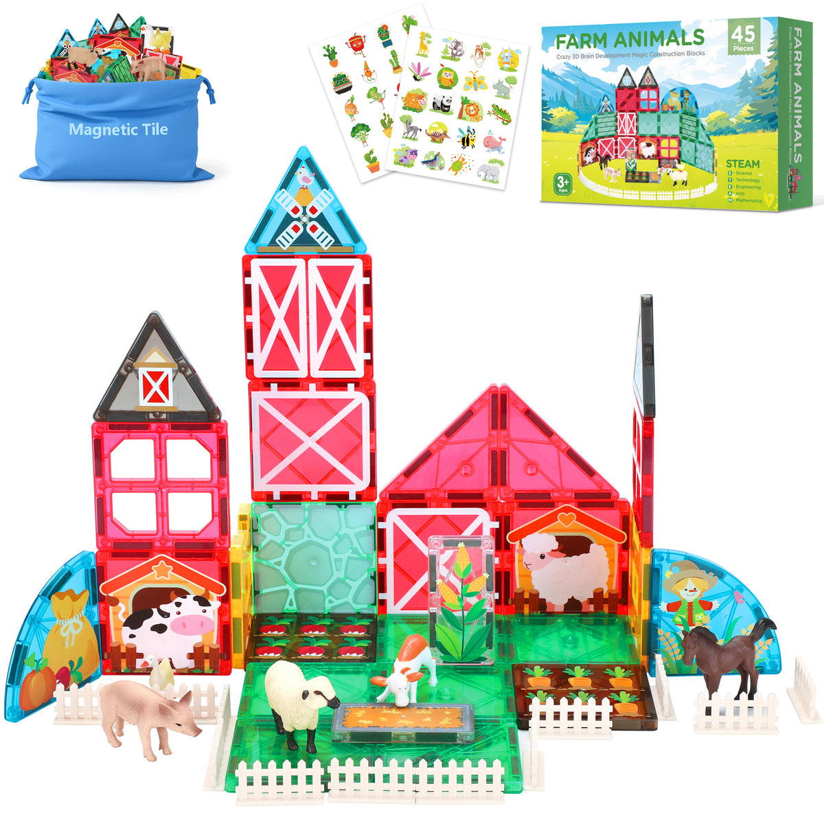 Magnetic Tiles Farm Animals Montessori Toys Garden Set Magnetiles Building Blocks STEM Preschool Toddler Toys for Boys Girls
