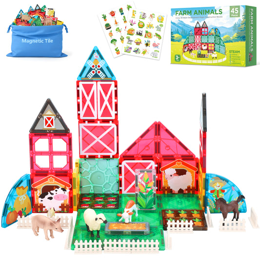 Magnetic Tiles Farm Animals Montessori Toys Garden Set Magnetiles Building Blocks STEM Preschool Toddler Toys for Boys Girls