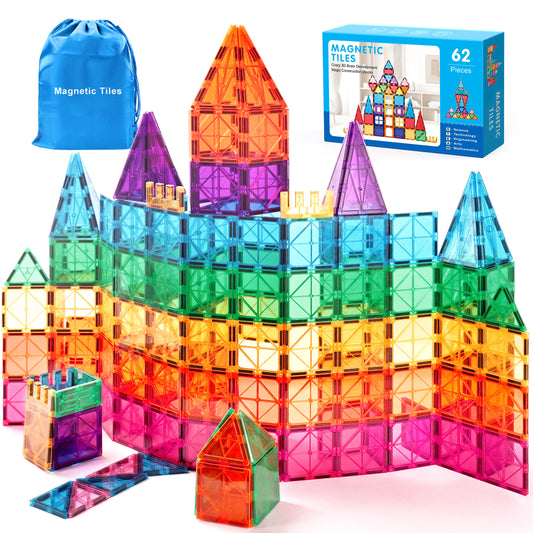 QIAHO Magnetic Tiles Toddler Toys 62 PCS Colorful Magnetiles Building Blocks STEM Toys for Boys & Girls Preschool Learning