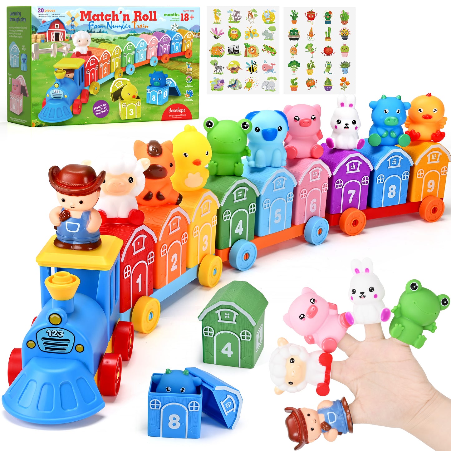 Montessori Toys for Toddlers 18M+ Years Old, Counting, Matching, Sorting Preschool Learning Toy Farm Animal Train Set including 9 Barns,10 Finger Puppets and 2 Stickers Birthday Gift for Baby Boys