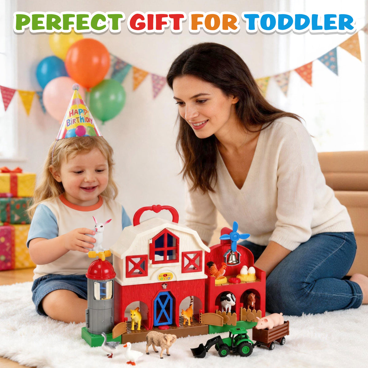 QIAHO Big Red Barn Farm Animal Toys with Sound Effects, 21 Pieces Take Along Farm Playset for Toddlers, Montessori Learning Toy with 10 Animal Figurines for Pretend Play
