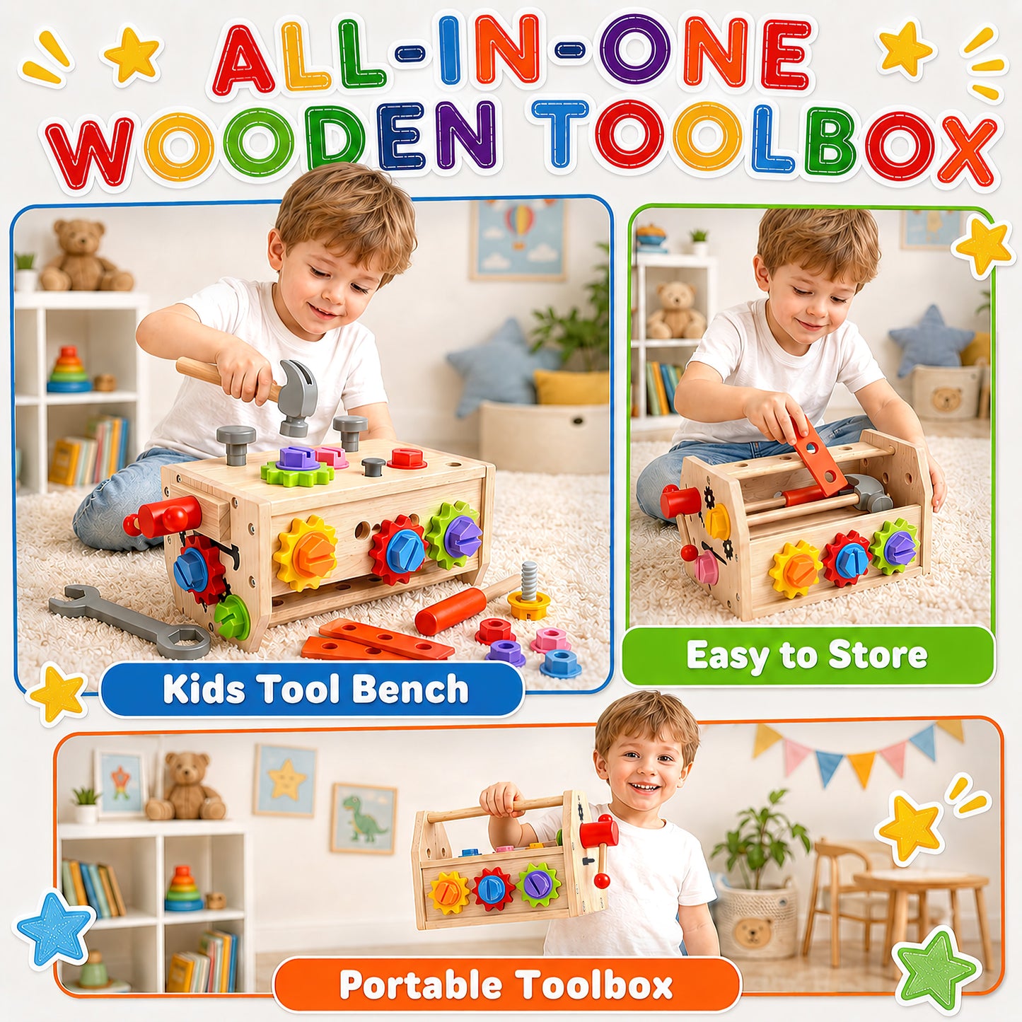 QIAHO Kids Tool Set, 34 Pcs Wooden Toddler Tool Box & Workbench with Apron, STEM Montessori Pretend Play Construction Toys for Boys Girls Ages 3-8