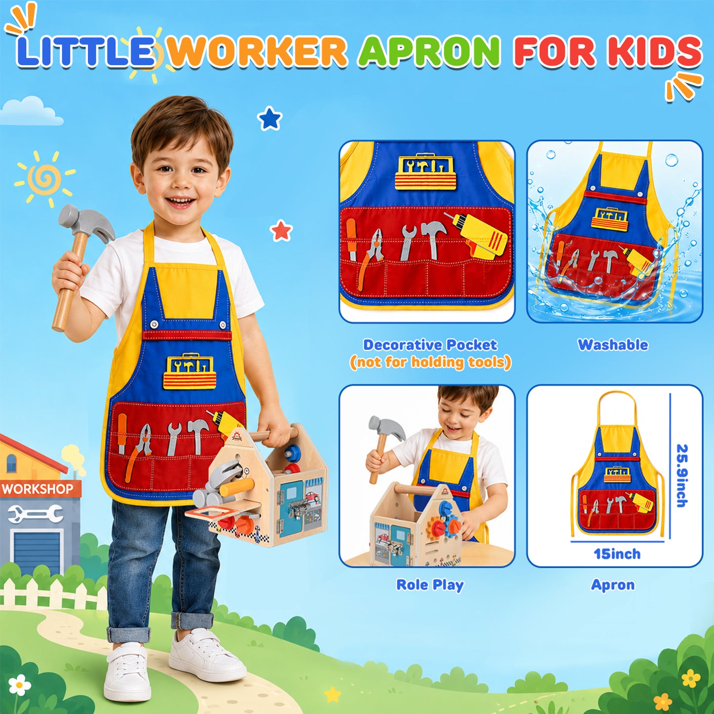 QIAHO Kids Tool Set, 34 Pcs Wooden Toddler Tool Box with Apron, Portable STEM Educational Pretend Play Construction Toys, Birthday Gift for for Boys Girls Ages 3-8