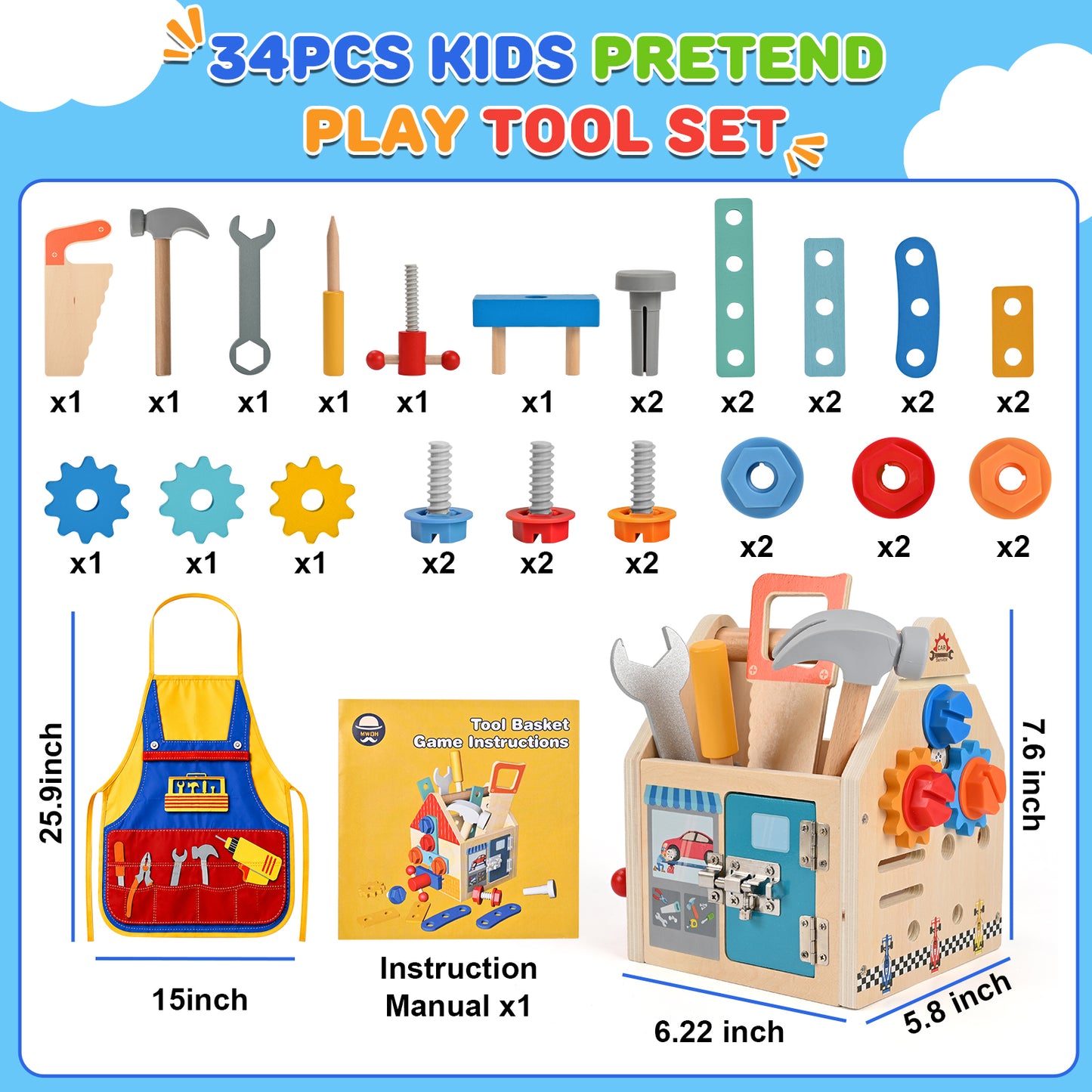 QIAHO Kids Tool Set, 34 Pcs Wooden Toddler Tool Box with Apron, Portable STEM Educational Pretend Play Construction Toys, Birthday Gift for for Boys Girls Ages 3-8