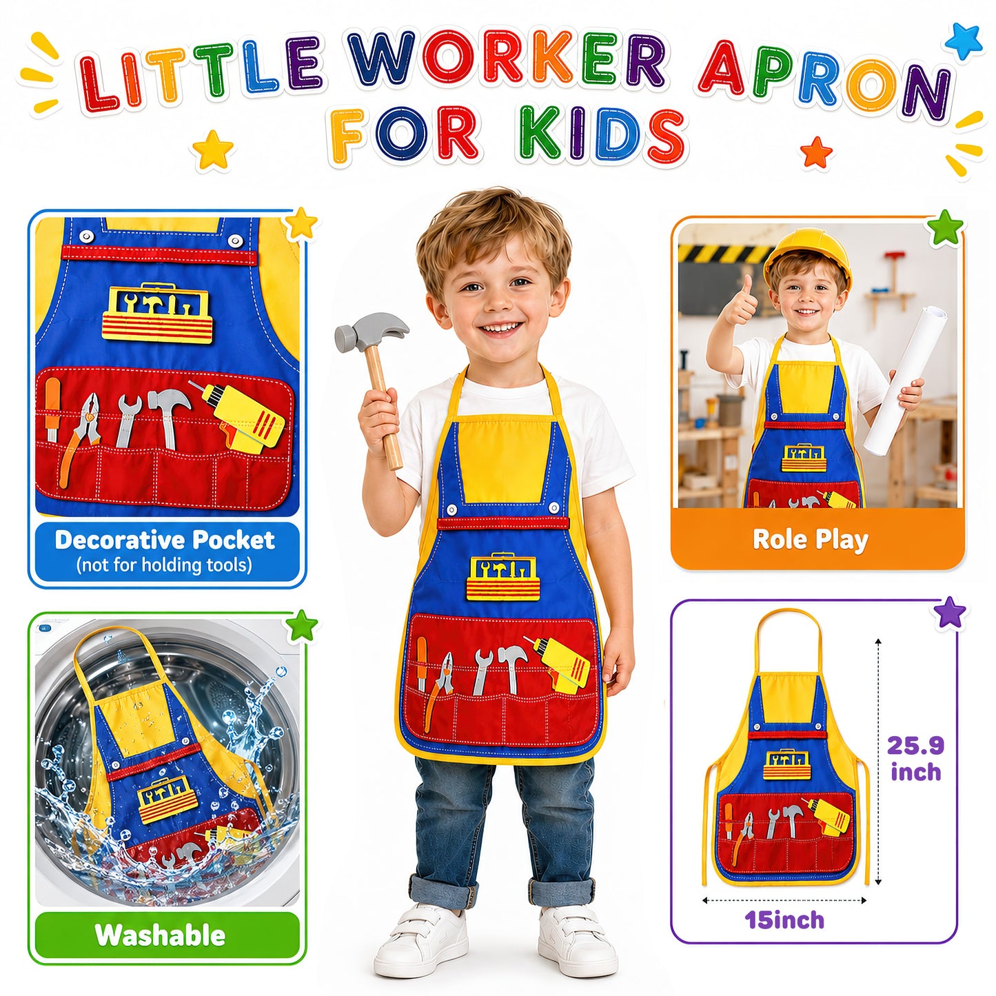 QIAHO Kids Tool Set, 34 Pcs Wooden Toddler Tool Box & Workbench with Apron, STEM Montessori Pretend Play Construction Toys for Boys Girls Ages 3-8