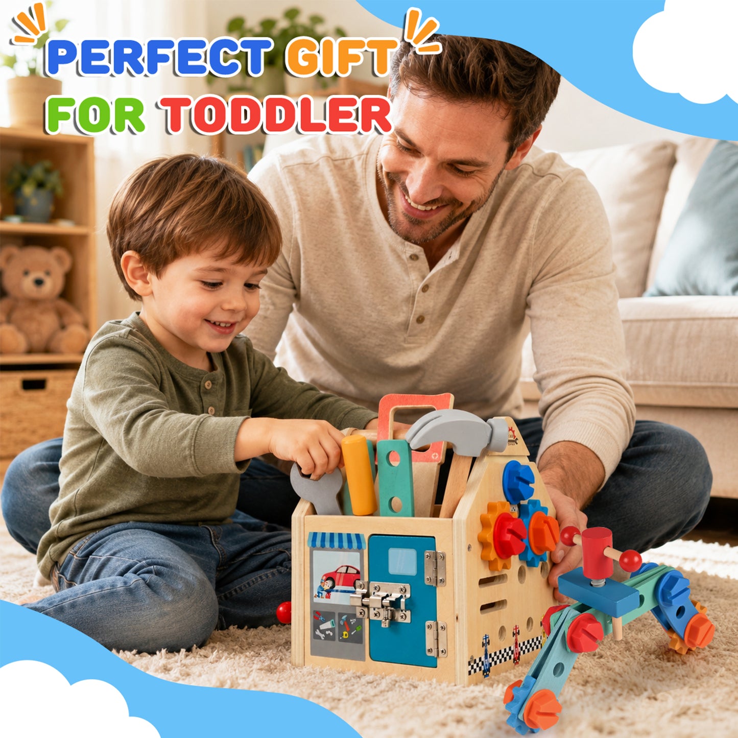 QIAHO Kids Tool Set, 34 Pcs Wooden Toddler Tool Box with Apron, Portable STEM Educational Pretend Play Construction Toys, Birthday Gift for for Boys Girls Ages 3-8