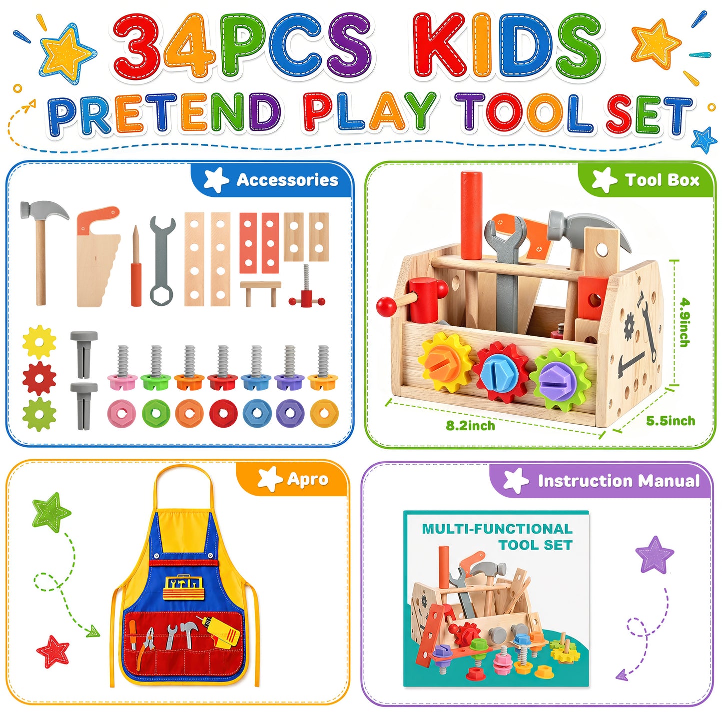 QIAHO Kids Tool Set, 34 Pcs Wooden Toddler Tool Box & Workbench with Apron, STEM Montessori Pretend Play Construction Toys for Boys Girls Ages 3-8