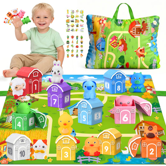 Montessori Toys for Toddlers, 20Pcs Farm Animal Toy with Storage Bags/Playmat Counting, Matching, Sorting Preschool Learning Toy including 10 Finger Puppets Birthday Gift for Baby 18 Months 1 2 Year Old