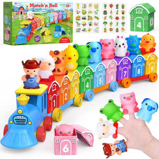 QIAHO Montessori Toys for Toddlers, 20 Pcs Counting, Matching, Sorting Preschool Learning Toy Train Set with Train, Barns and Finger Puppets Birthday Gift for Baby Boys Girls