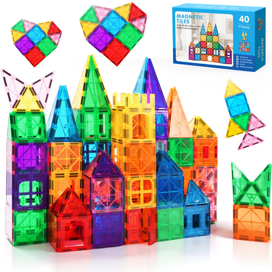 QIAHO 40pcs Magnetic Tiles Set - Educational 3D Magnet Building Blocks - Building Construction Toys for Kids