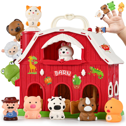 QIAHO Farm Animal Barn Toys Portable Doll House with Finger Puppets & DIY Stickers, Montessori Pretend Play Toy for Toddlers Birthday Gift