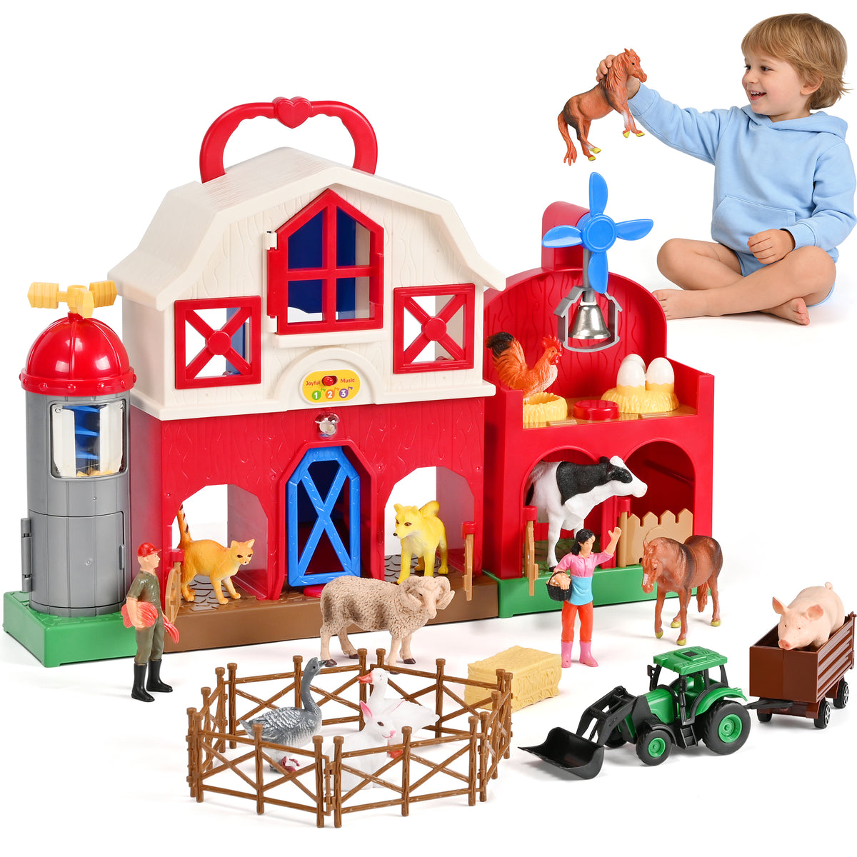 QIAHO Big Red Barn Farm Animal Toys with Sound Effects, 21 Pieces Take Along Farm Playset for Toddlers, Montessori Learning Toy with 10 Animal Figurines for Pretend Play