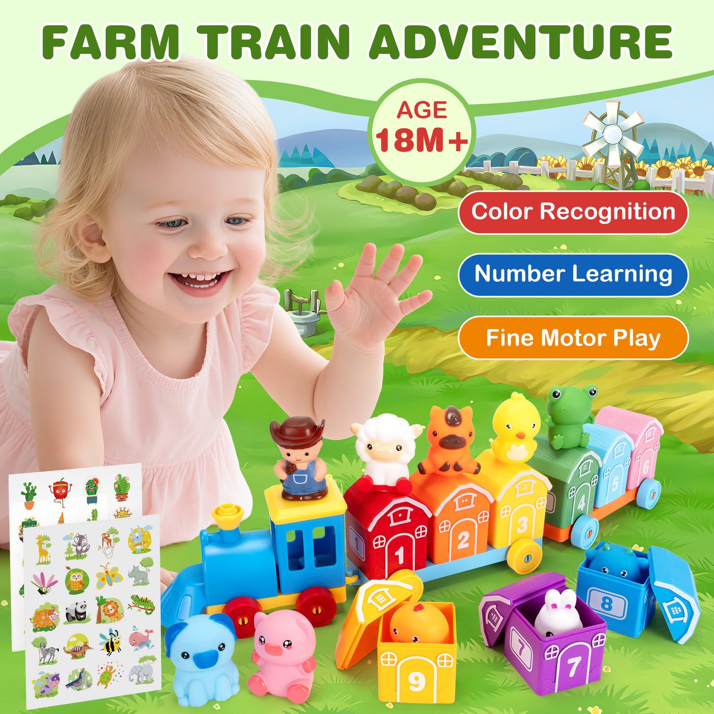Montessori Toys for Toddlers 18M+ Years Old, Counting, Matching, Sorting Preschool Learning Toy Farm Animal Train Set including 9 Barns,10 Finger Puppets and 2 Stickers Birthday Gift for Baby Boys