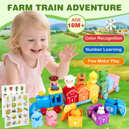 Montessori Toys for Toddlers 18M+ Years Old, Counting, Matching, Sorting Preschool Learning Toy Farm Animal Train Set including 9 Barns,10 Finger Puppets and 2 Stickers Birthday Gift for Baby Boys