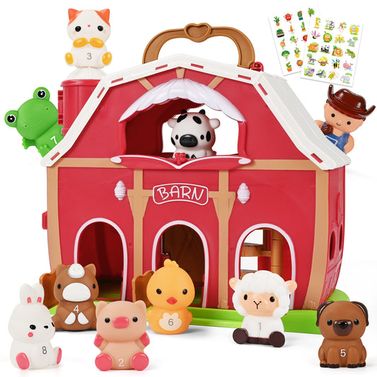 QIAHO Farm Animal Toys Take Along Barn Doll House Farm Playset for Toddlers Montessori Toys with Animals Finger Puppets 2 DIY Stickers Birthday Gift