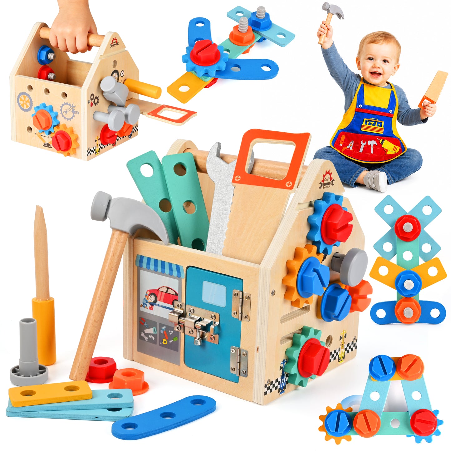 QIAHO Kids Tool Set, 34 Pcs Wooden Toddler Tool Box with Apron, Portable STEM Educational Pretend Play Construction Toys, Birthday Gift for for Boys Girls Ages 3-8