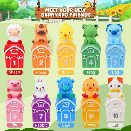 Montessori Toys for Toddlers, 20Pcs Farm Animal Toy Counting, Matching, Sorting Preschool Learning Toy Barn Toy including 10 Barns,10 Finger Puppets and 2 DIY Stickers