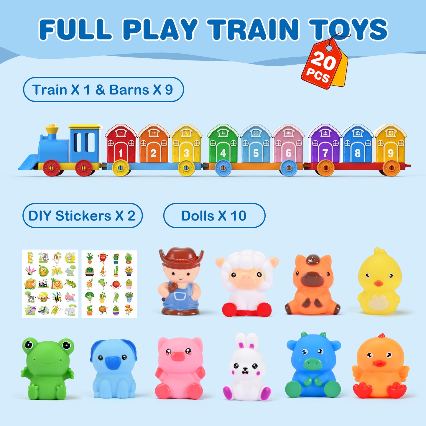 Montessori Toys for Toddlers 18M+ Years Old, Counting, Matching, Sorting Preschool Learning Toy Farm Animal Train Set including 9 Barns,10 Finger Puppets and 2 Stickers Birthday Gift for Baby Boys