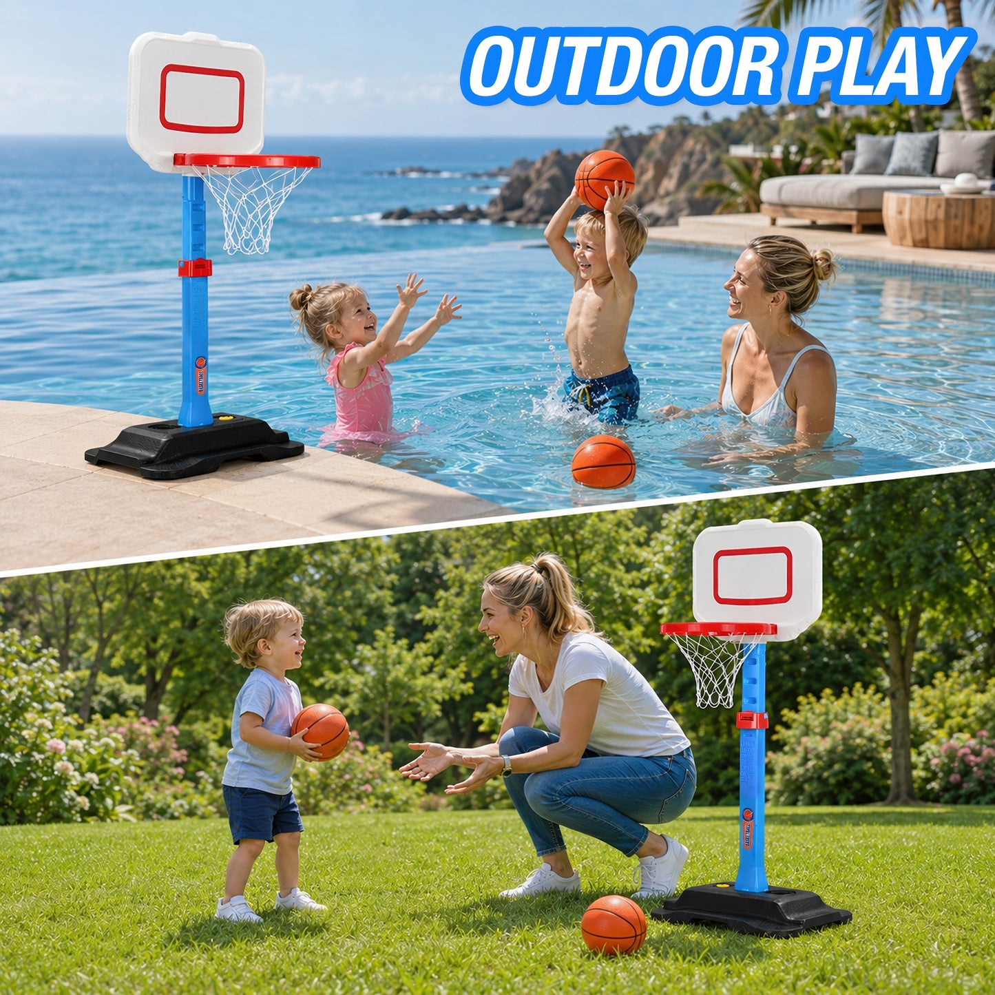 QIAHO Toddler Basketball Hoop, Adjustable Height Indoor Outdoor Mini Basketball Goal with 2 Balls & Pump, Poolside Backyard Sports Toy Gift for Boys Girls Ages 3-5