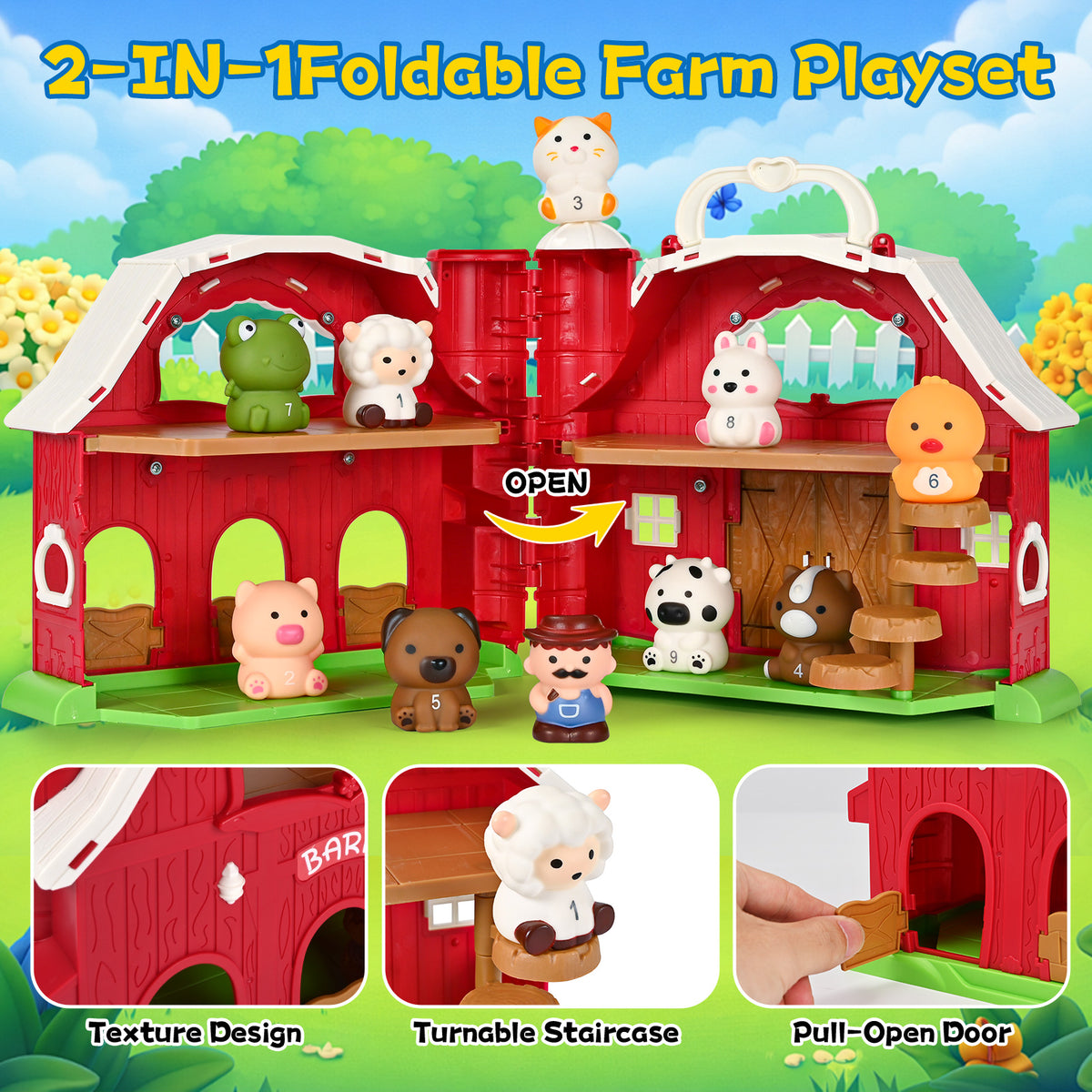 QIAHO Farm Animal Barn Toys Portable Doll House with Finger Puppets & DIY Stickers, Montessori Pretend Play Toy for Toddlers Birthday Gift