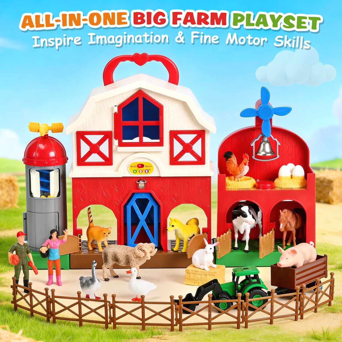 QIAHO Big Red Barn Farm Animal Toys with Sound Effects, 21 Pieces Take Along Farm Playset for Toddlers, Montessori Learning Toy with 10 Animal Figurines for Pretend Play