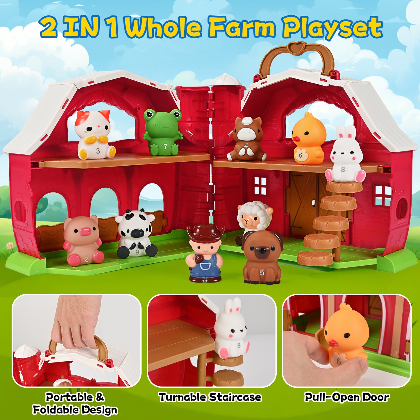 QIAHO Farm Animal Toys Take Along Barn Doll House Farm Playset for Toddlers Montessori Toys with Animals Finger Puppets 2 DIY Stickers Birthday Gift