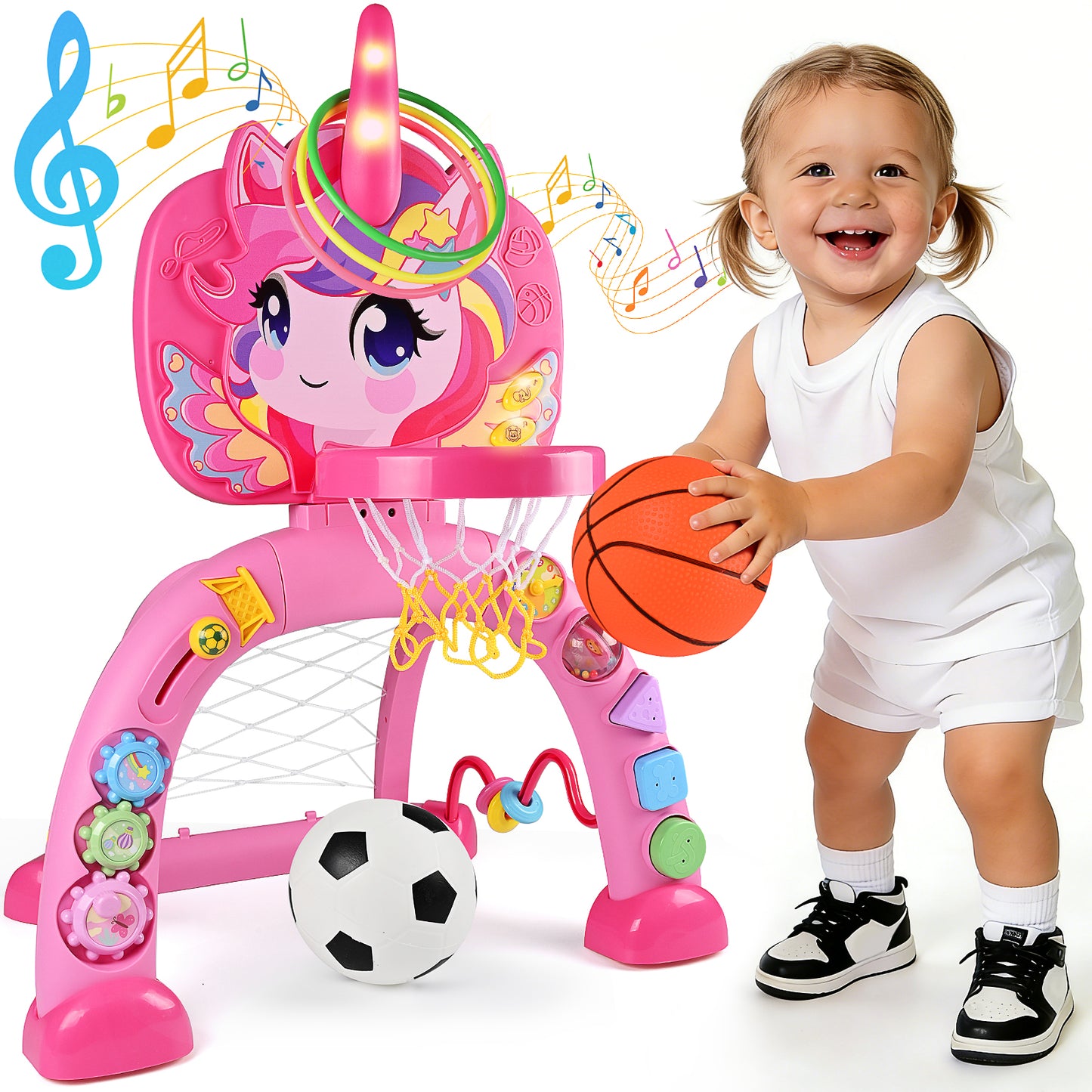 Toddler Basketball Hoop & Soccer Goal, 3 in 1 Fantasy Baby Activity Center Toys with Ring Toss, 30+ Sound Music, Indoor & Outdoor Sport Toys Birthday Gifts for Girls Boys Ages 1-3