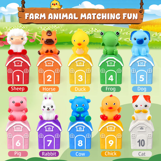 Montessori Toys for Toddlers, 20Pcs Farm Animal Toy with Storage Bags/Playmat Counting, Matching, Sorting Preschool Learning Toy including 10 Finger Puppets Birthday Gift for Baby 18 Months 1 2 Year Old