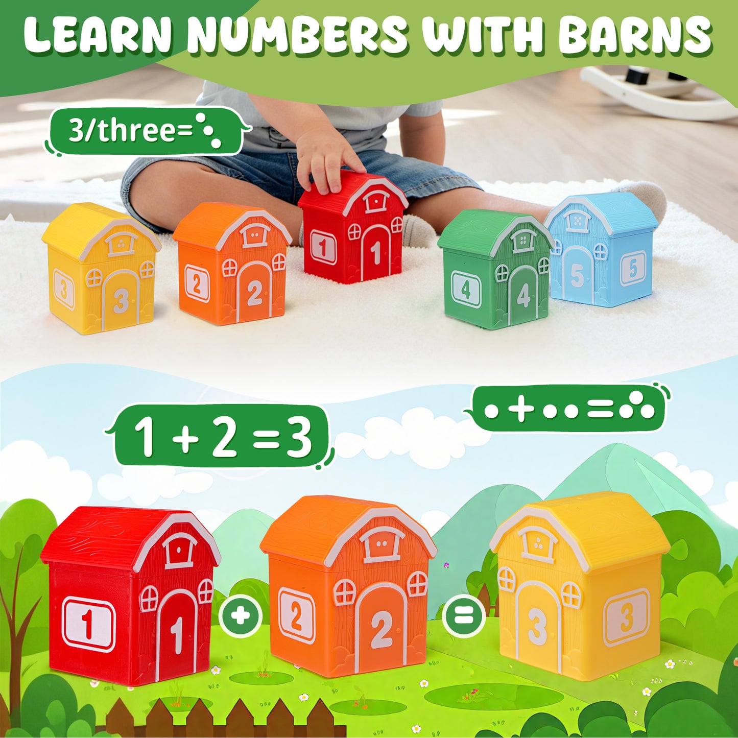 Montessori Toys for Toddlers, 20Pcs Farm Animal Toy Counting, Matching, Sorting Preschool Learning Toy Barn Toy including 10 Barns,10 Finger Puppets and 2 DIY Stickers