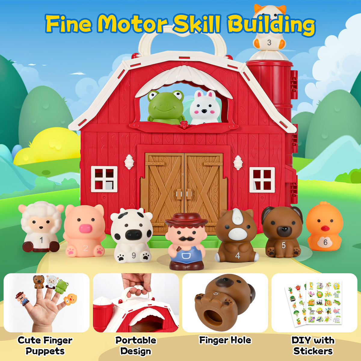 QIAHO Farm Animal Barn Toys Portable Doll House with Finger Puppets & DIY Stickers, Montessori Pretend Play Toy for Toddlers Birthday Gift