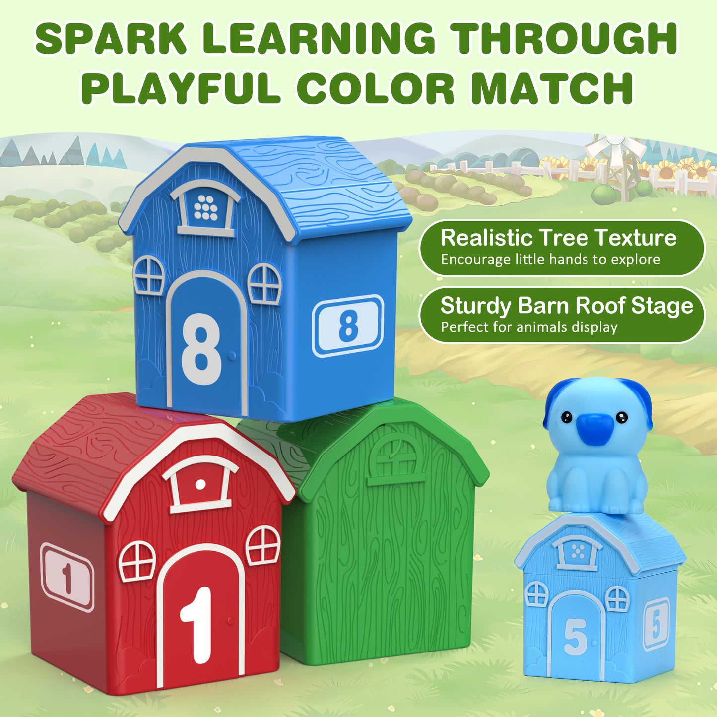 Montessori Toys for Toddlers 18M+ Years Old, Counting, Matching, Sorting Preschool Learning Toy Farm Animal Train Set including 9 Barns,10 Finger Puppets and 2 Stickers Birthday Gift for Baby Boys