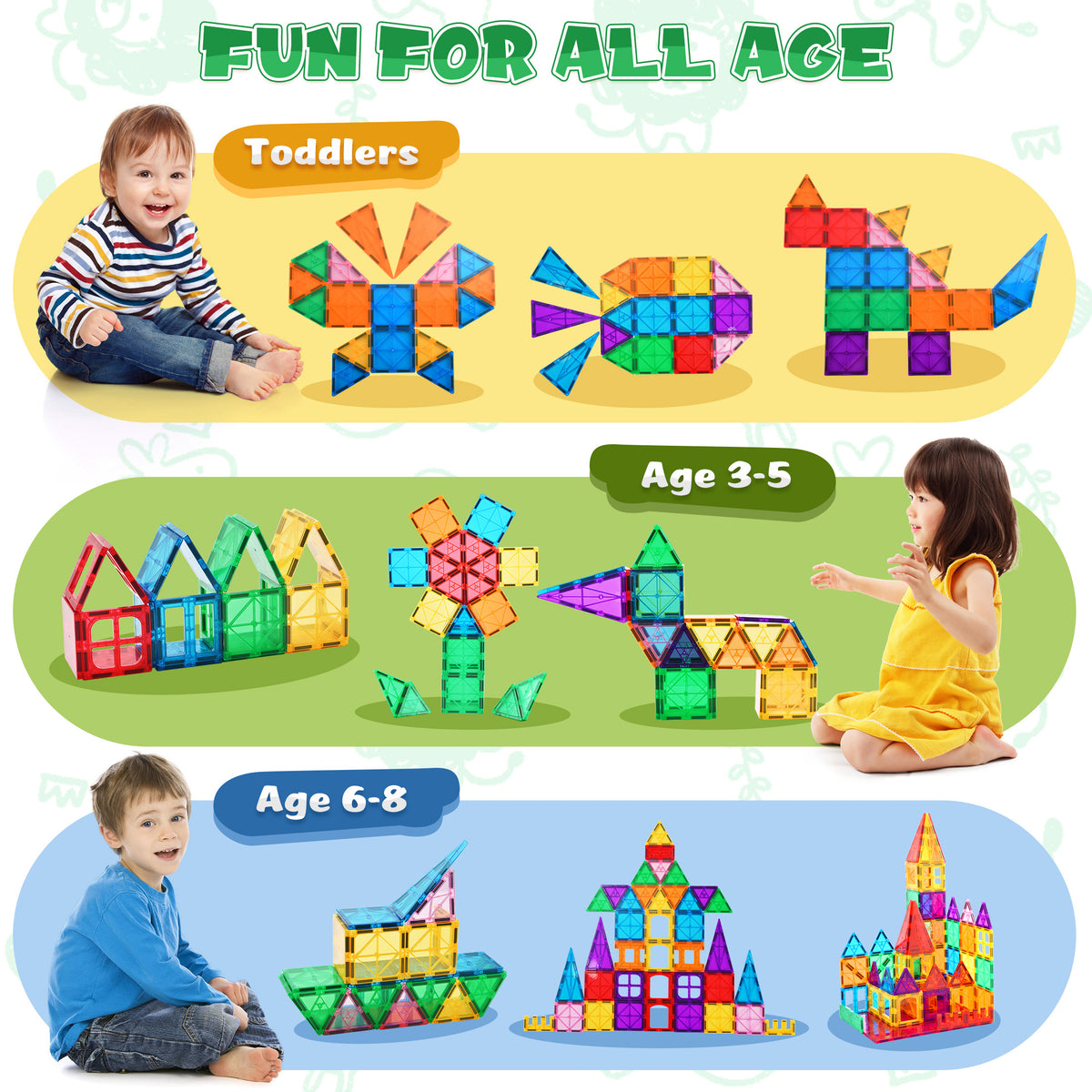 QIAHO Magnetic Tiles Toddler Toys 62 PCS Colorful Magnetiles Building Blocks STEM Toys for Boys & Girls Preschool Learning