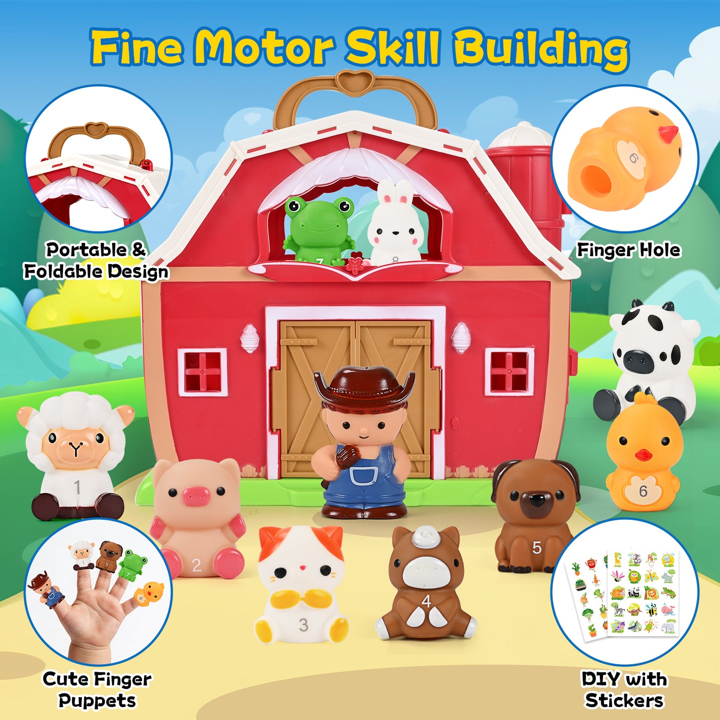 QIAHO Farm Animal Toys Take Along Barn Doll House Farm Playset for Toddlers Montessori Toys with Animals Finger Puppets 2 DIY Stickers Birthday Gift