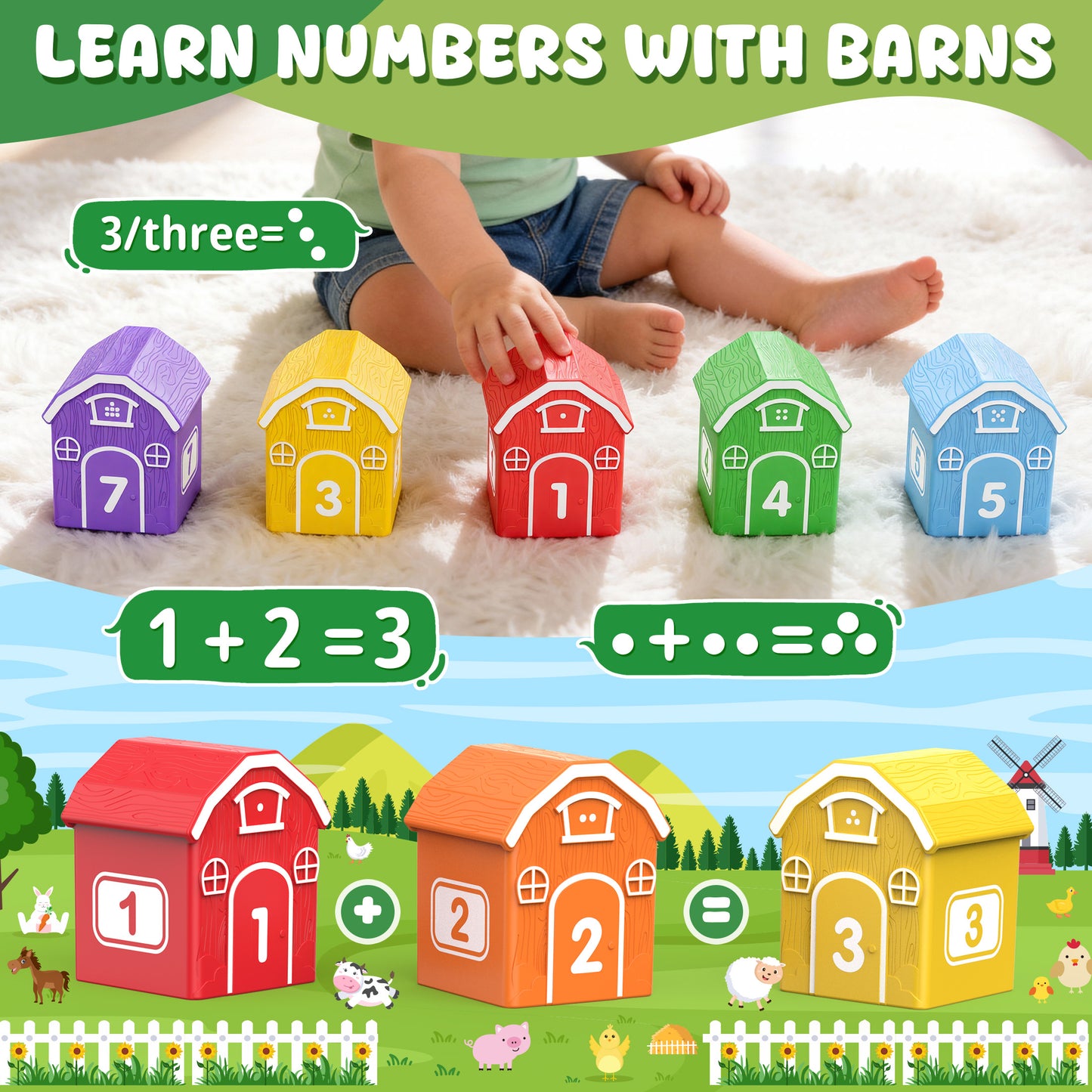 Montessori Toys for Toddlers, 20Pcs Farm Animal Toy with Storage Bags/Playmat Counting, Matching, Sorting Preschool Learning Toy including 10 Finger Puppets Birthday Gift for Baby 18 Months 1 2 Year Old