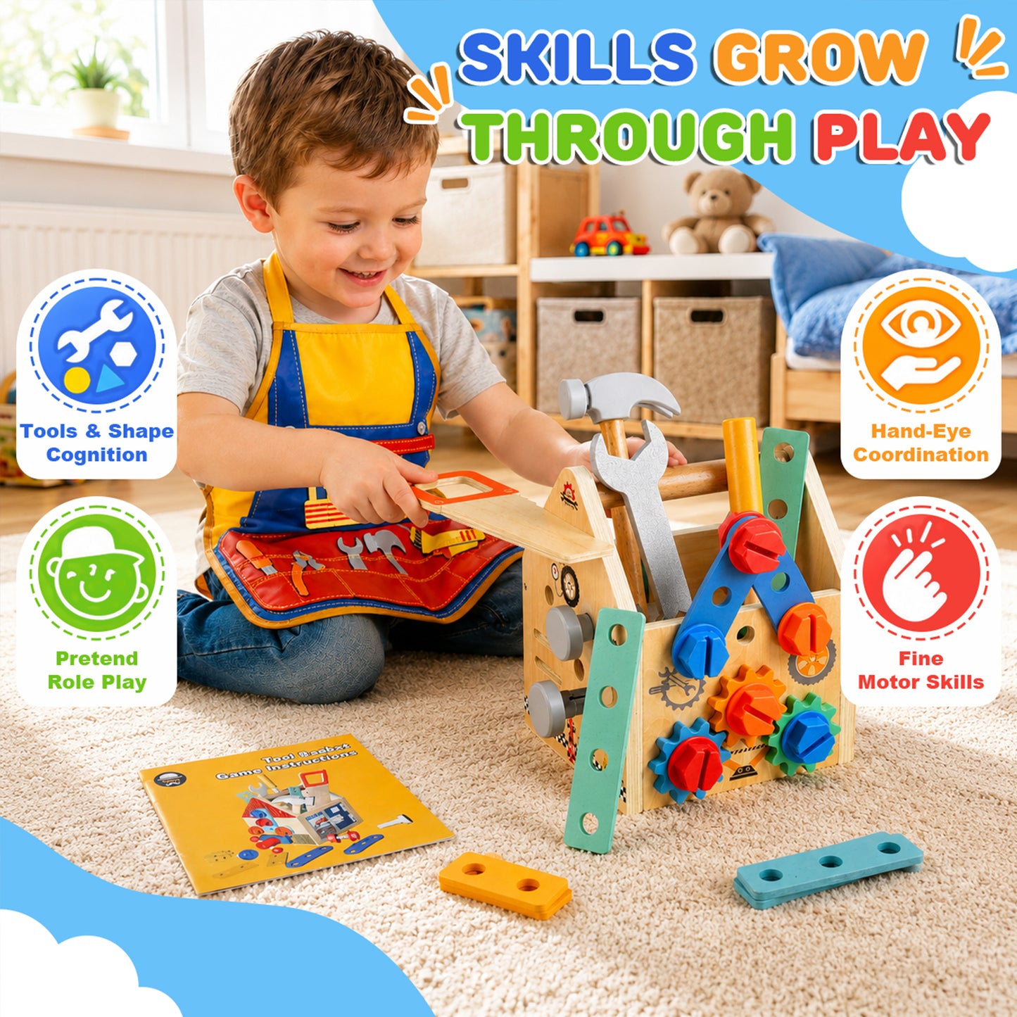 QIAHO Kids Tool Set, 34 Pcs Wooden Toddler Tool Box with Apron, Portable STEM Educational Pretend Play Construction Toys, Birthday Gift for for Boys Girls Ages 3-8