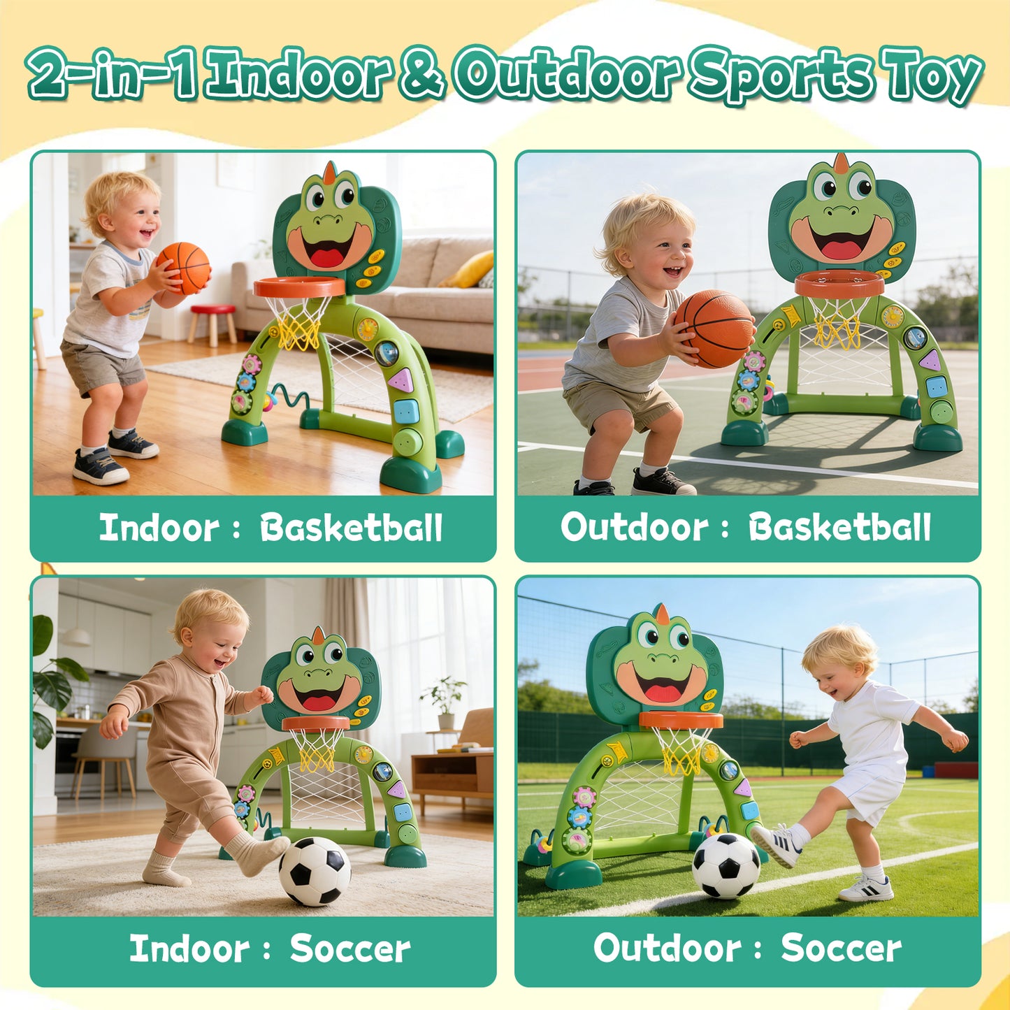 QIAHO Toddler Basketball Hoop & Soccer Goal, 2 in 1 Dinosaur Baby Activity Center Toys with 30+ Sound Music, Indoor & Outdoor Sport Toys Birthday Gifts for Baby Boys Girls Ages 3+