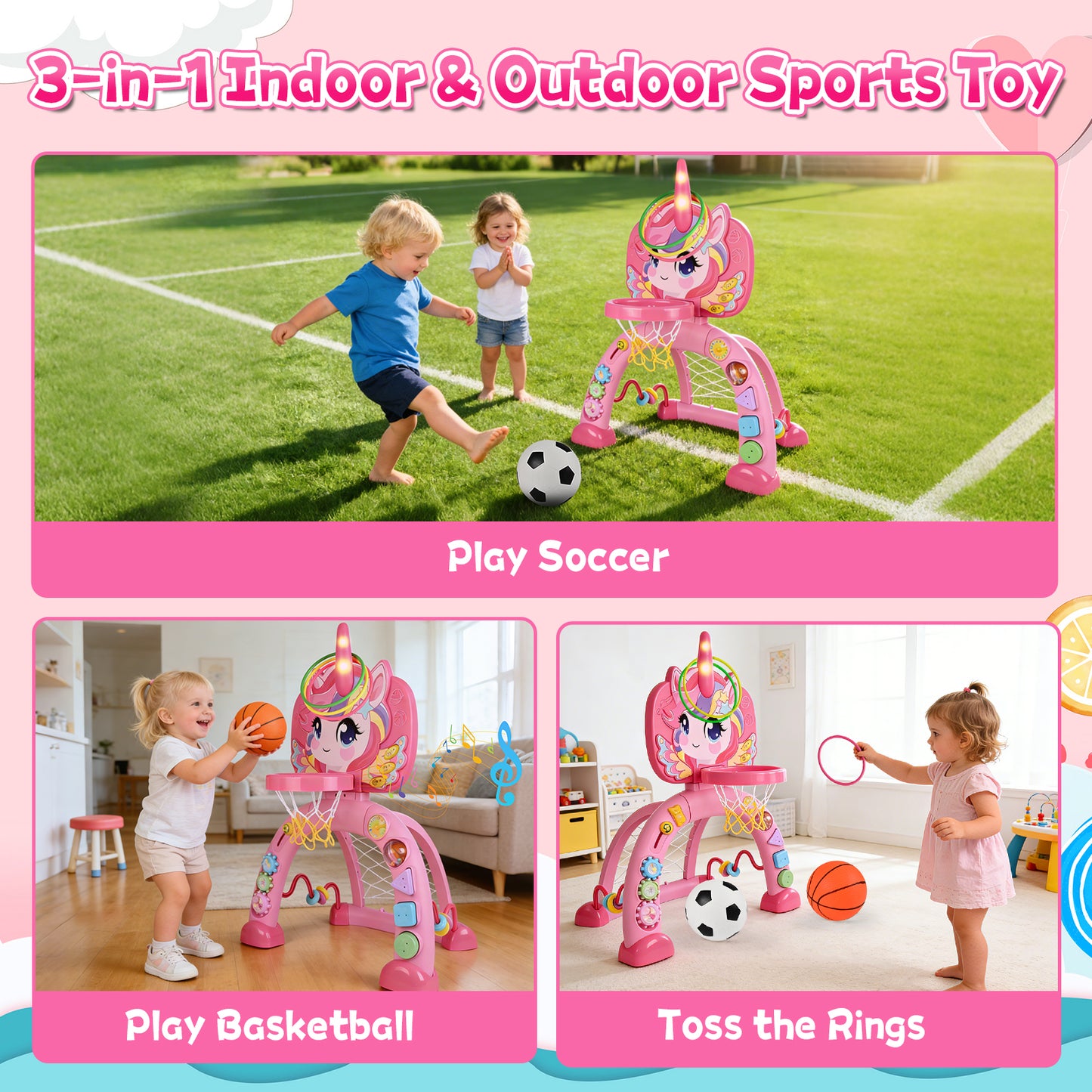 Toddler Basketball Hoop & Soccer Goal, 3 in 1 Fantasy Baby Activity Center Toys with Ring Toss, 30+ Sound Music, Indoor & Outdoor Sport Toys Birthday Gifts for Girls Boys Ages 1-3