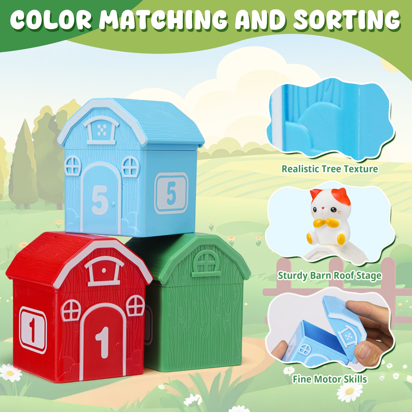 Montessori Toys for Toddlers, 20Pcs Farm Animal Toy Counting, Matching, Sorting Preschool Learning Toy Barn Toy including 10 Barns,10 Finger Puppets and 2 DIY Stickers