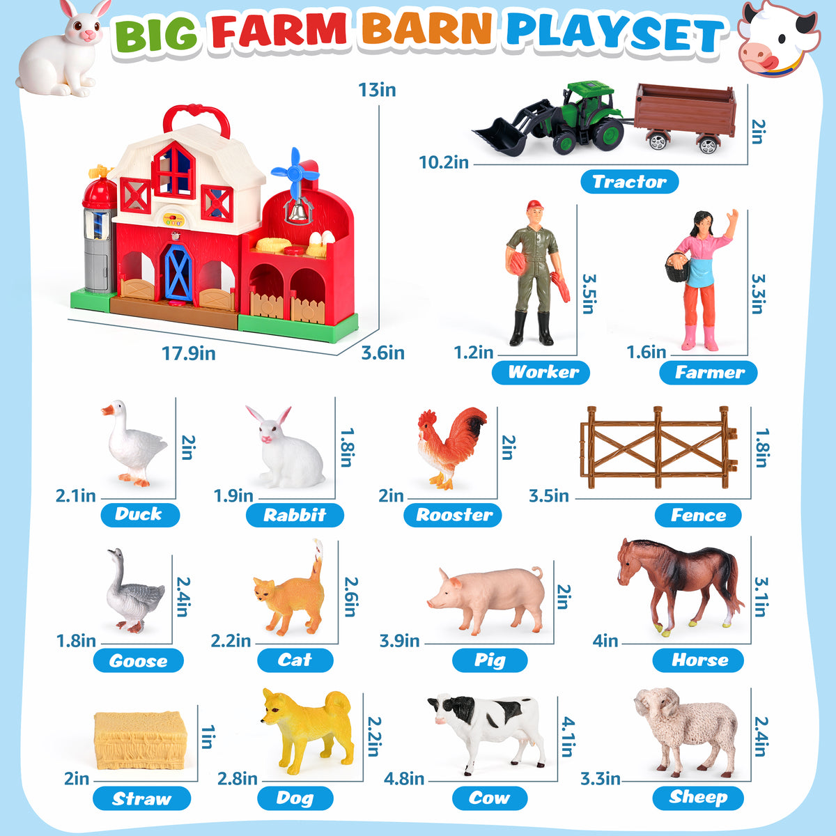 QIAHO Big Red Barn Farm Animal Toys with Sound Effects, 21 Pieces Take Along Farm Playset for Toddlers, Montessori Learning Toy with 10 Animal Figurines for Pretend Play