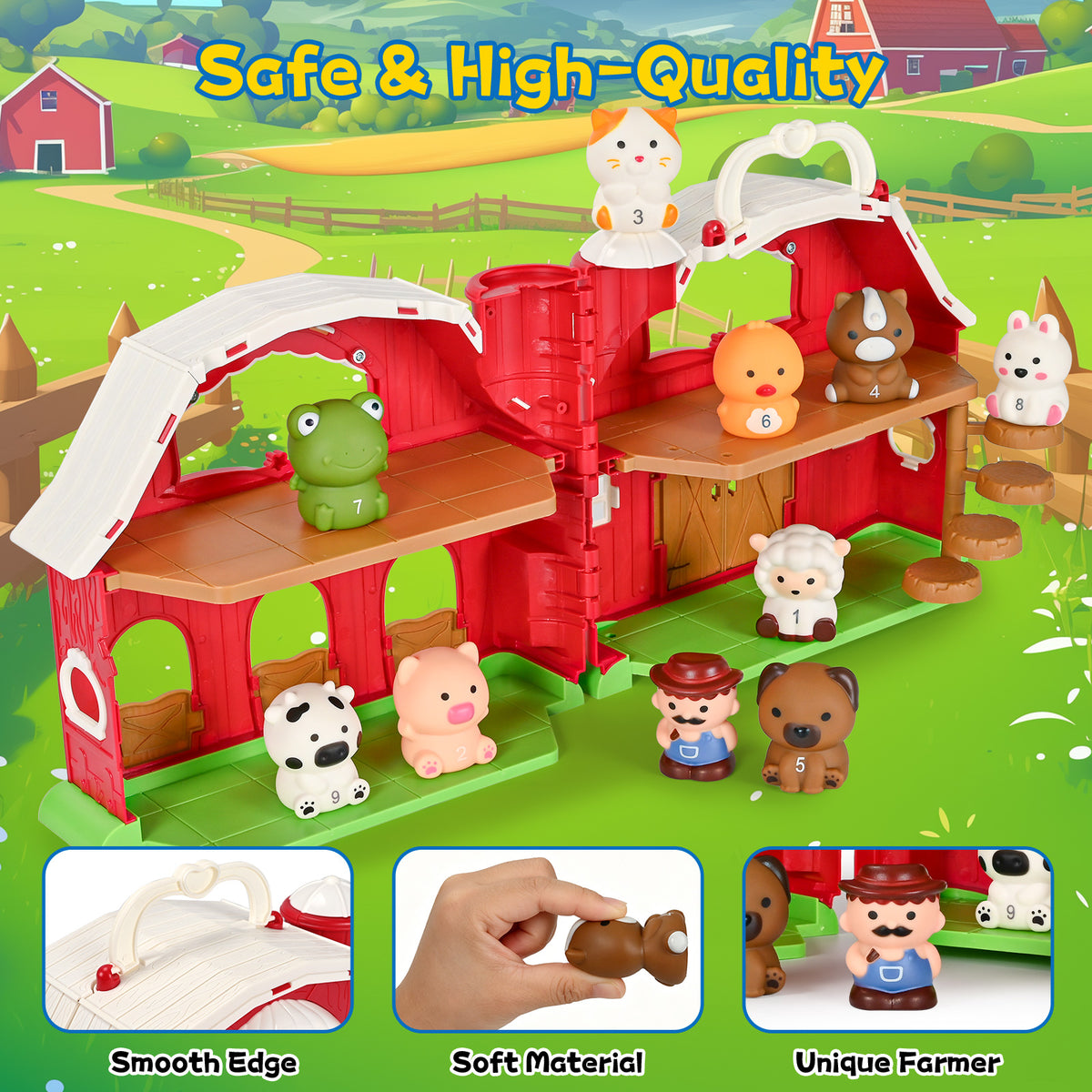 QIAHO Farm Animal Barn Toys Portable Doll House with Finger Puppets & DIY Stickers, Montessori Pretend Play Toy for Toddlers Birthday Gift
